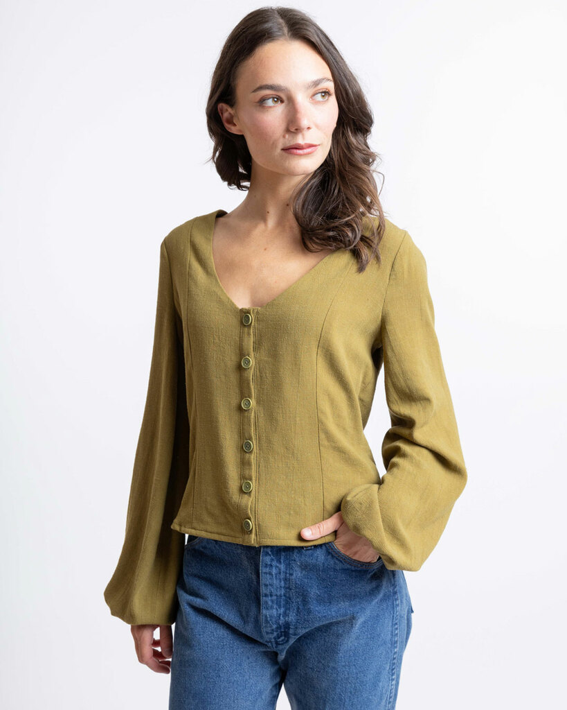 Sarah modeling the Sage blouse in green tencel