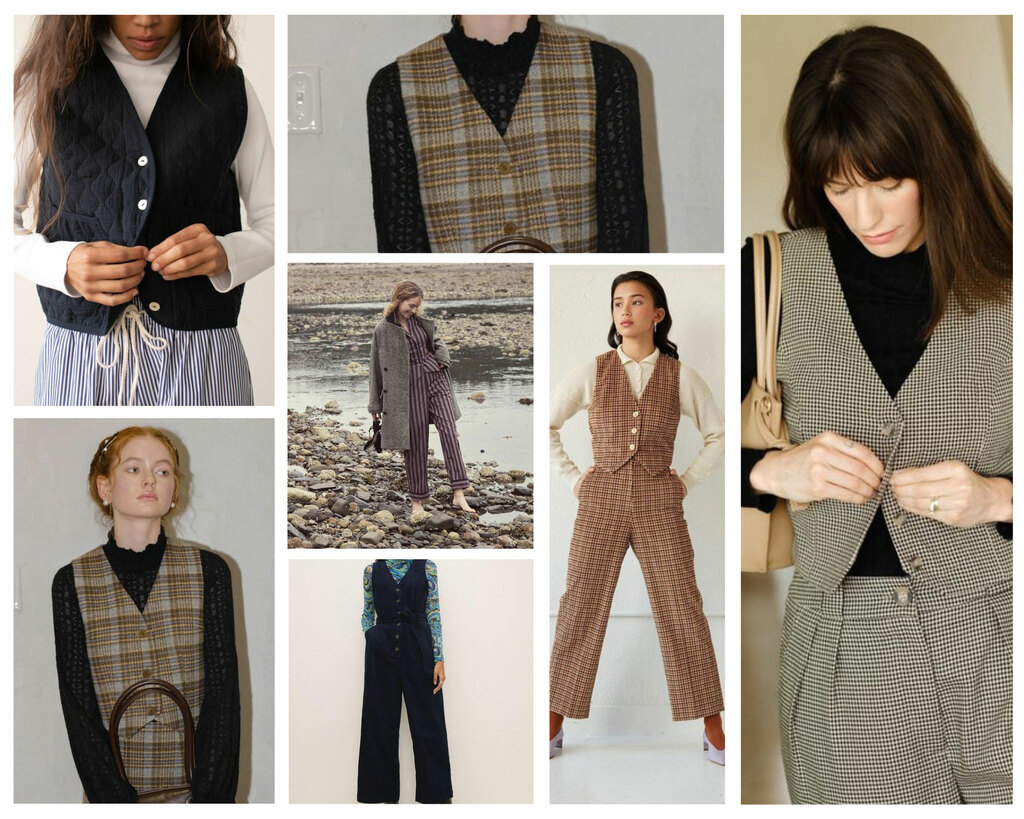 A collage of models wearing vests, knit tops, and trousers