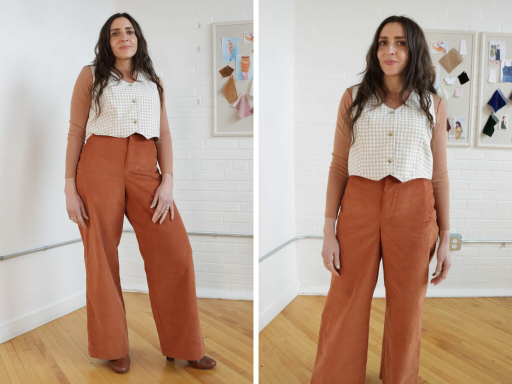 Sarai wearing a vest, long-sleeved tee, and pants