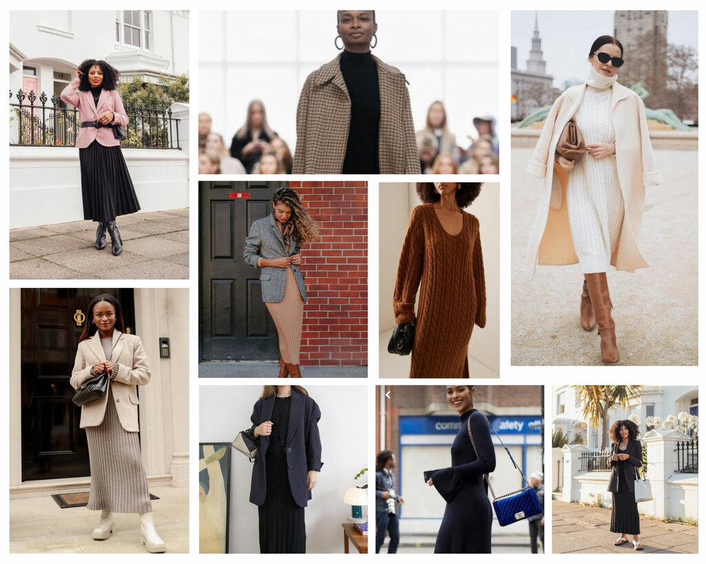 A collage of models wearing sweater dresses and blazers