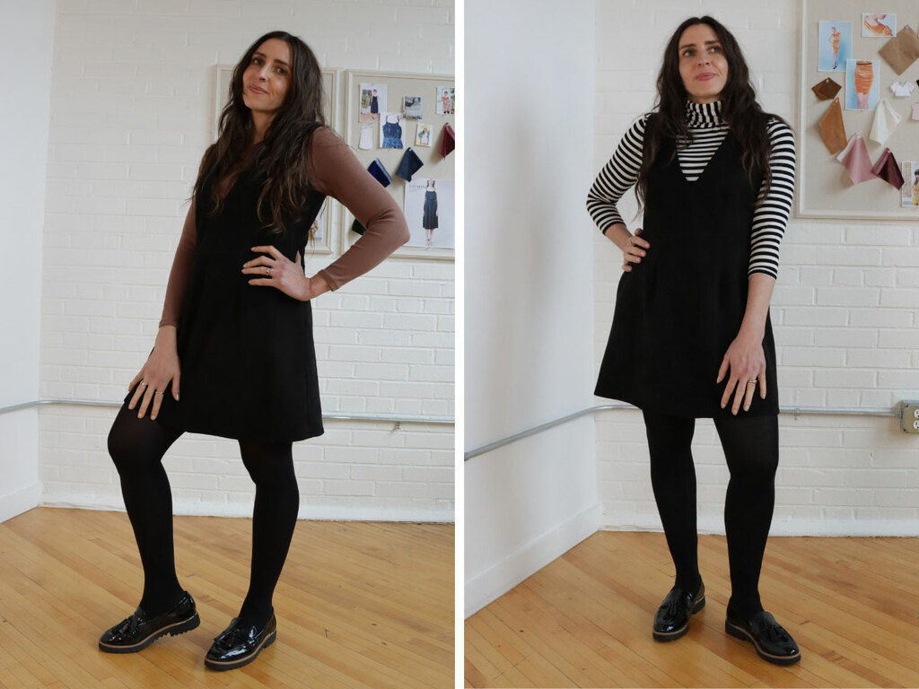 Sarai wearing a pinafore and turtleneck