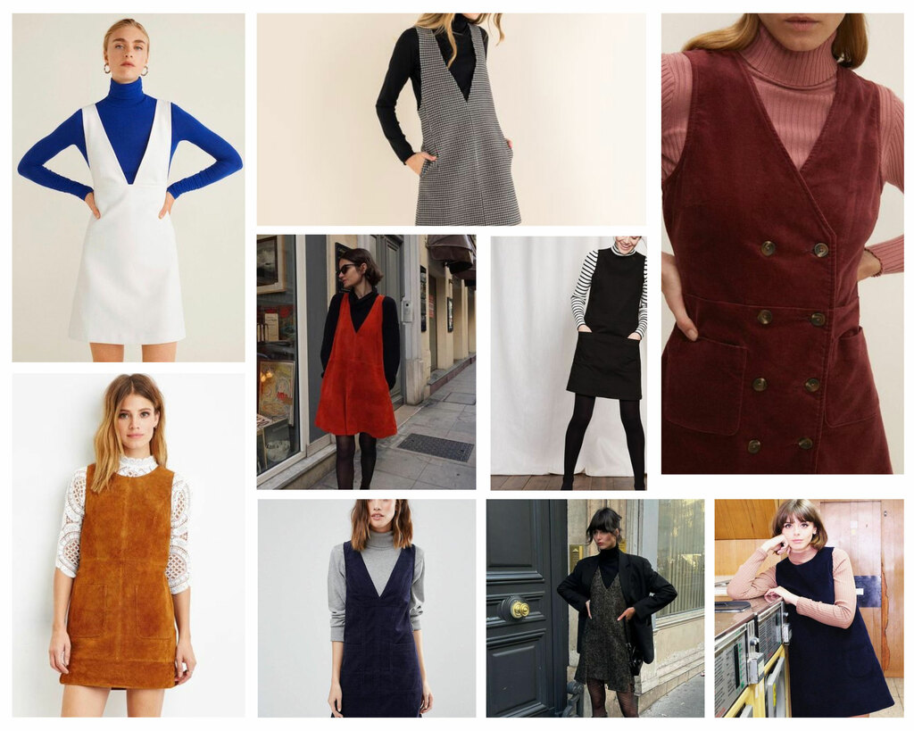 A collage of models wearing pinafores and different tops layered underneath