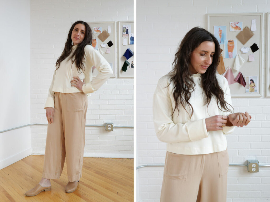 Sarai wearing an oversized sweater and elastic waist pants