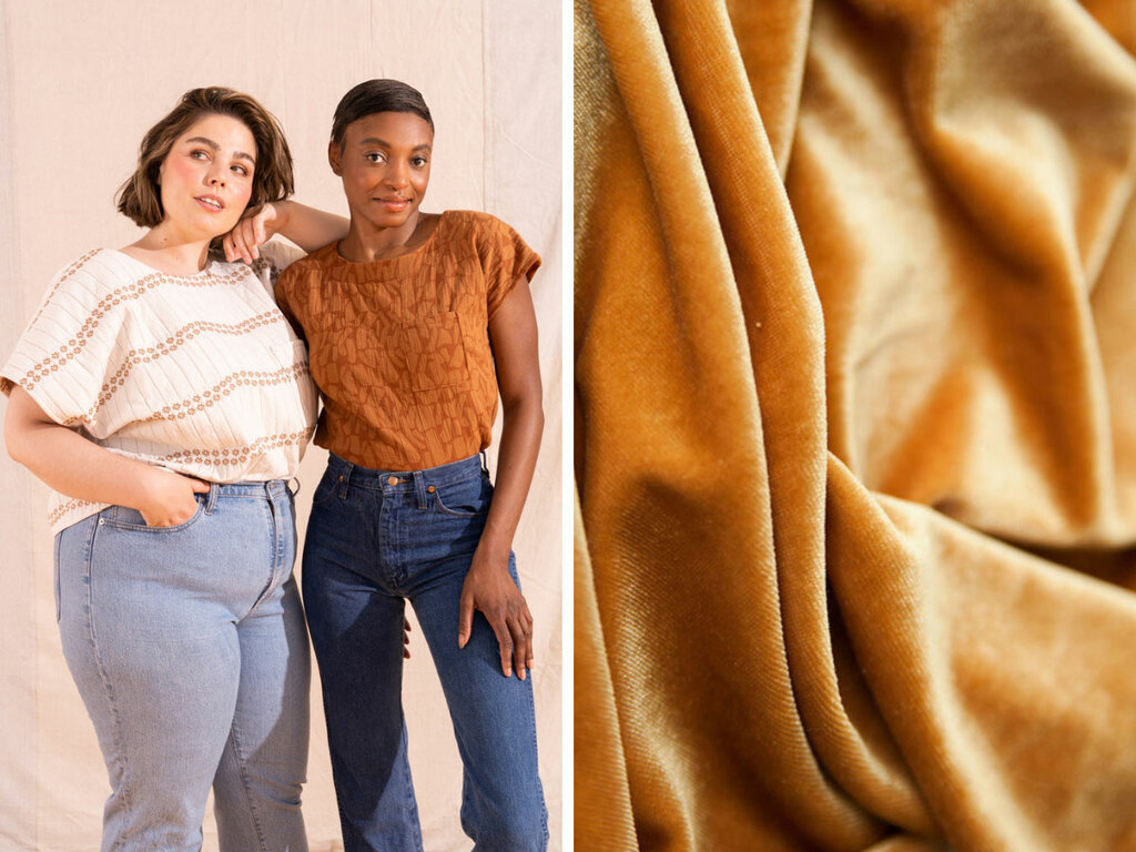 Two models wearing the Hansie top next to a swatch of stretch velvet fabric