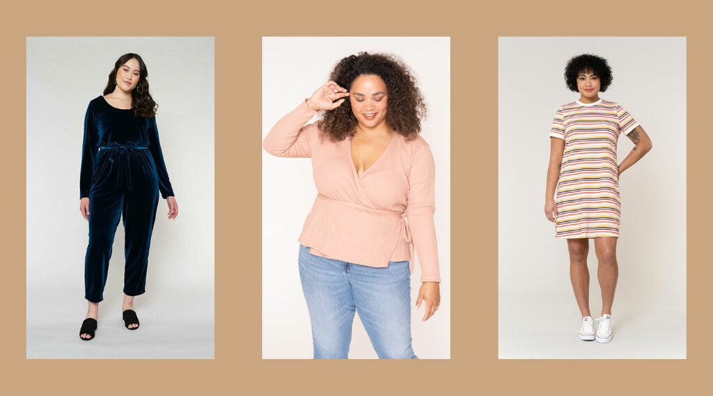 A collage with the Billie jumpsuit, Farah wrap top, and Lito dress sewing patterns