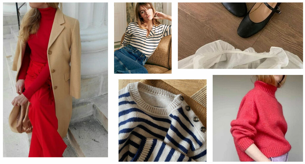 A collage of garments, fabric, and shoes