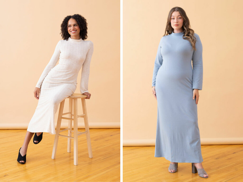 Two models wearing fitted midi dresses