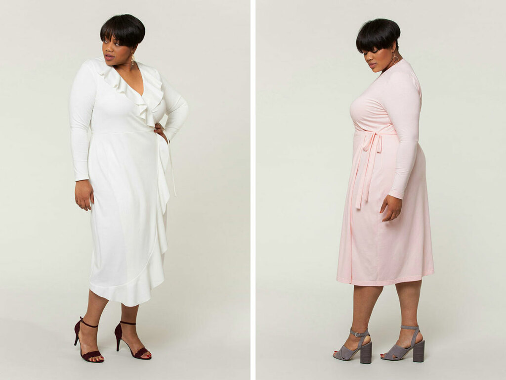 A model wearing a wrap dress