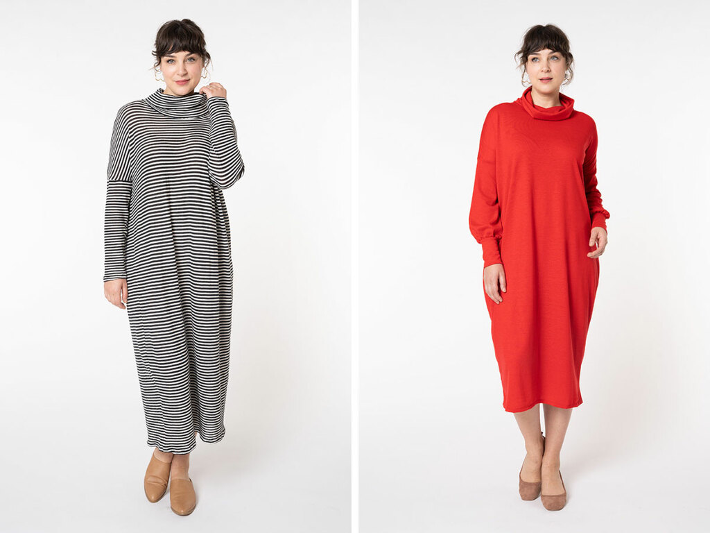 A model wearing two different dresses with dropped sleeves