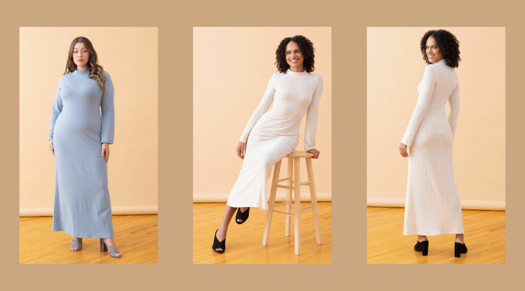 Models wearing sweater knit maxi dresses
