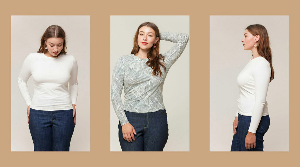 A model wearing a solid white and a printed long-sleeve tee