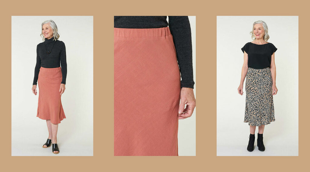 A model wearing a bias-cut skirt in two fabrics.