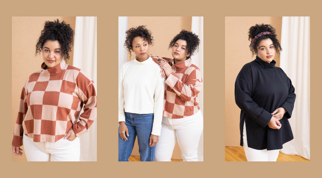 Models wearing turtleneck sweaters in different fabrics