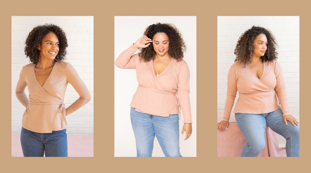 Two models wearing ballet style wrap sweaters