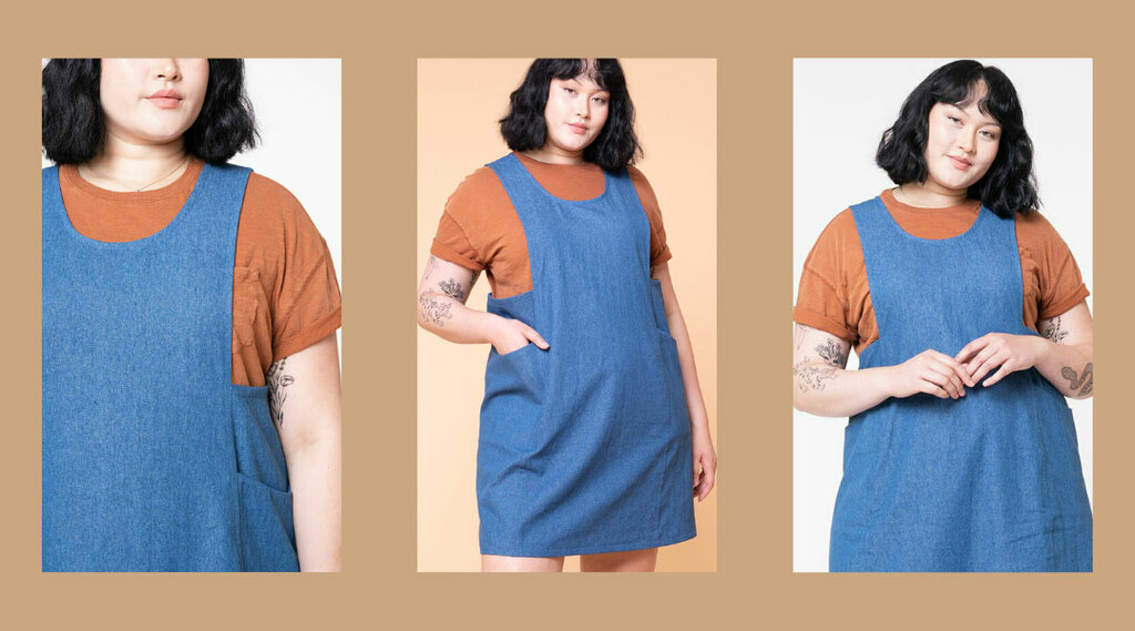 A model wearing a denim pinafore dress