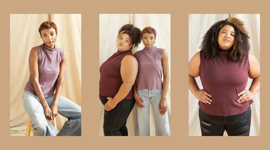 Two models wearing a funnel neck tank top