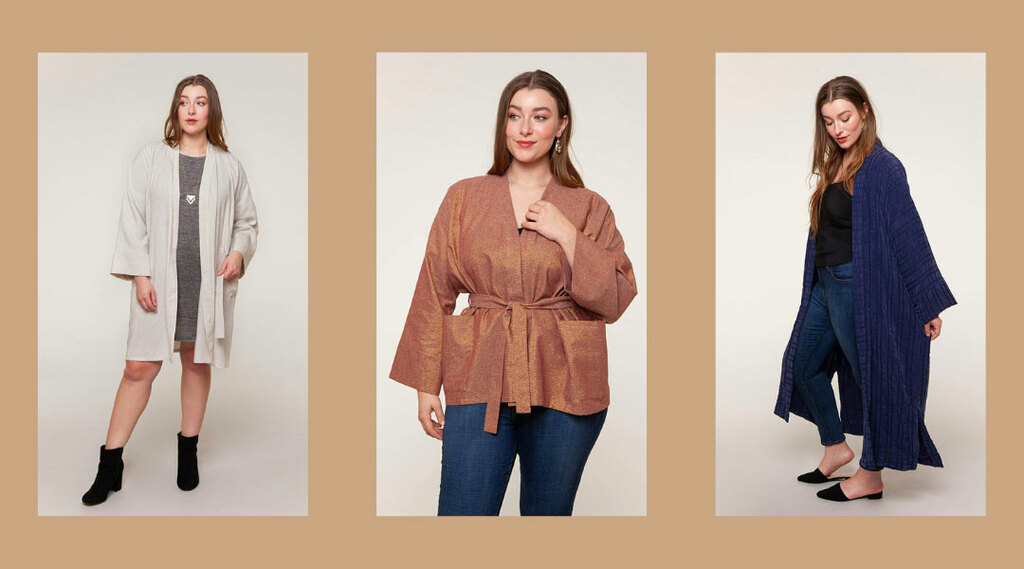 A model wearing three different versions of the quince jacket sewing pattern
