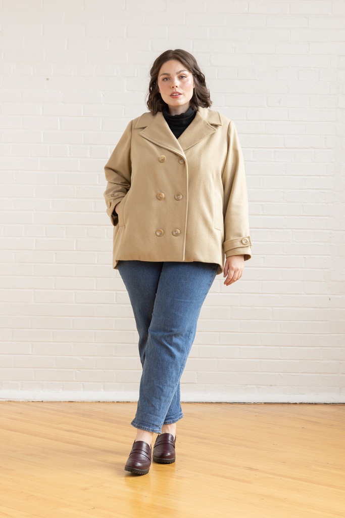 Woman wearing khaki Maple peacoat