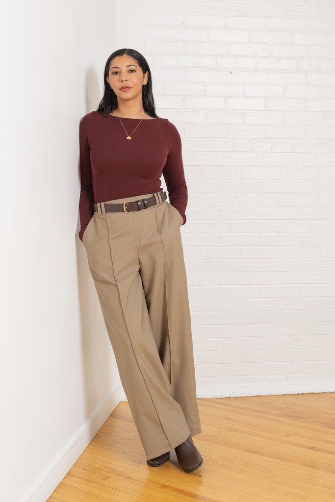 Woman wearing khaki Birch trousers