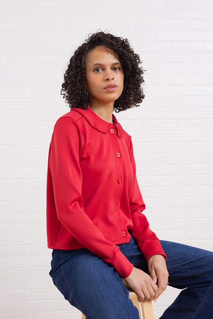 Model wearing Red Thistle cardigan