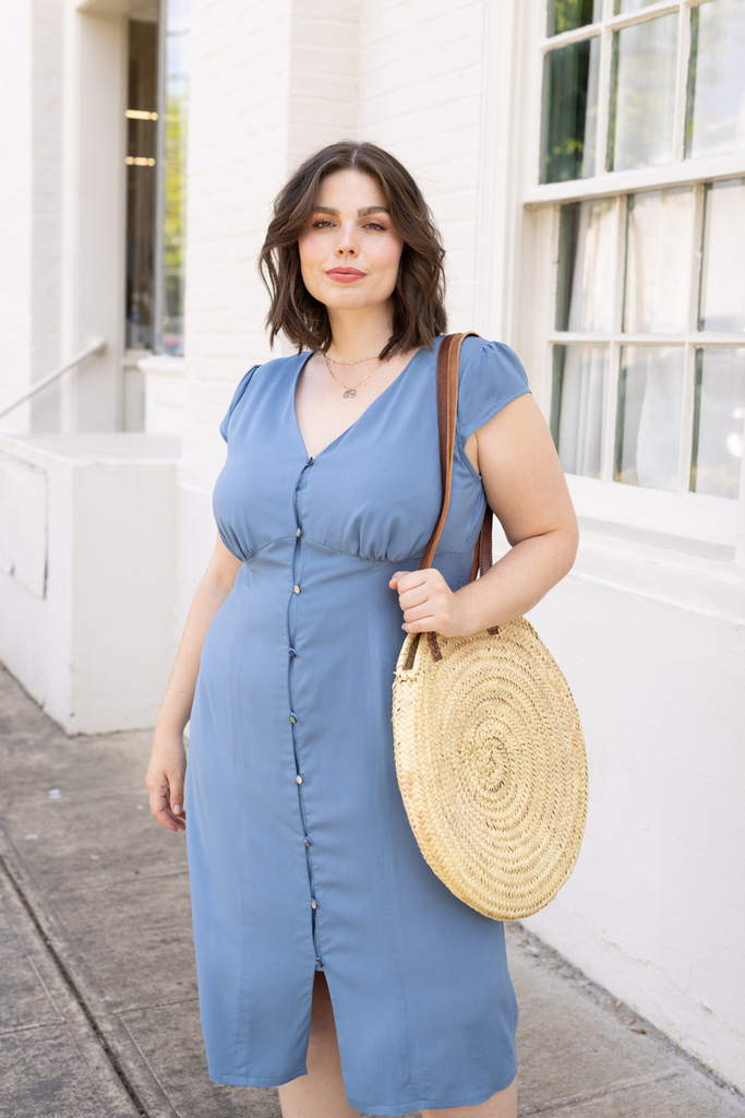 Full-length photo of Lilac dress showing the vintage-inspired silhouette