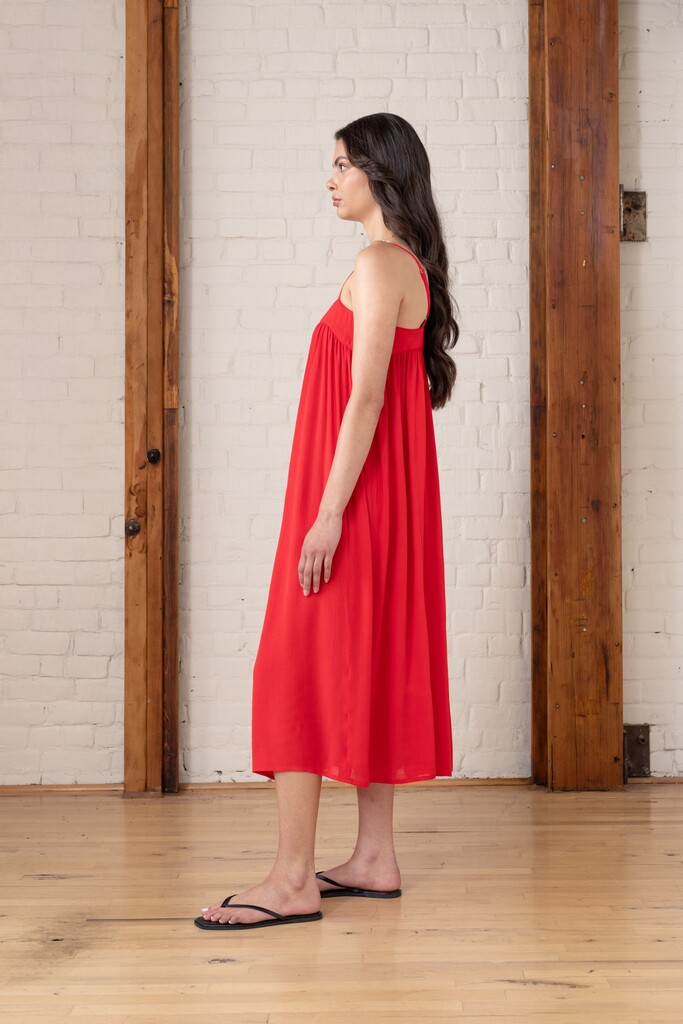 Marigold dress on Amy, side view