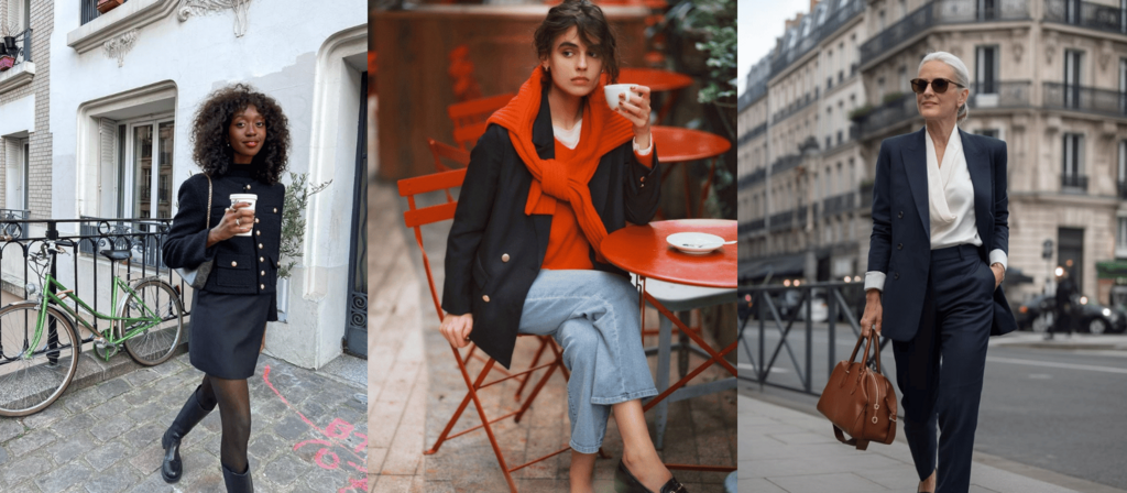 Navy double-breasted blazer styled casually from Sarai's Paris Pinterest board