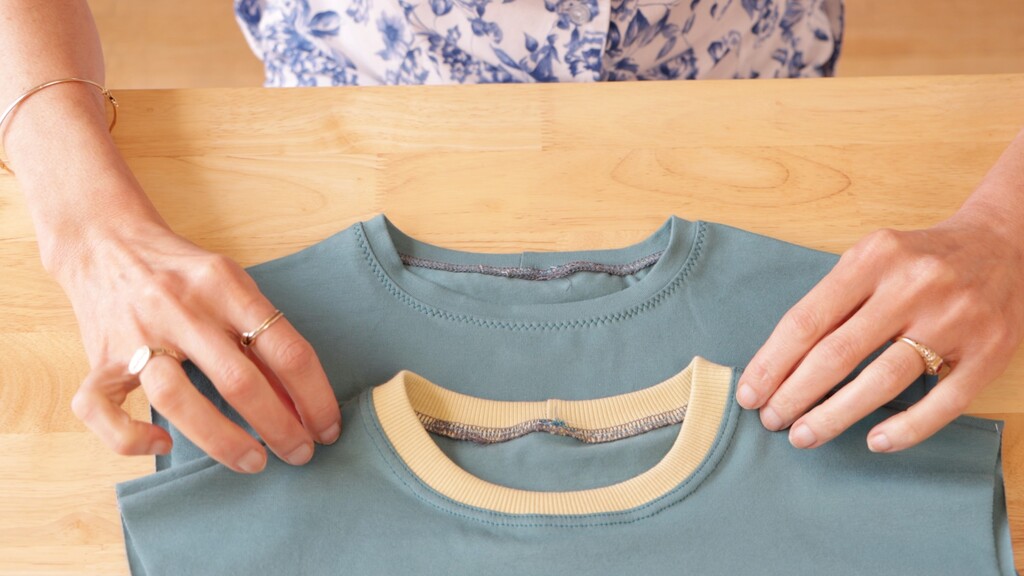 Close-up comparison of a self-fabric neckband versus a rib knit neckband on similar garments, showing the difference in texture and appearance