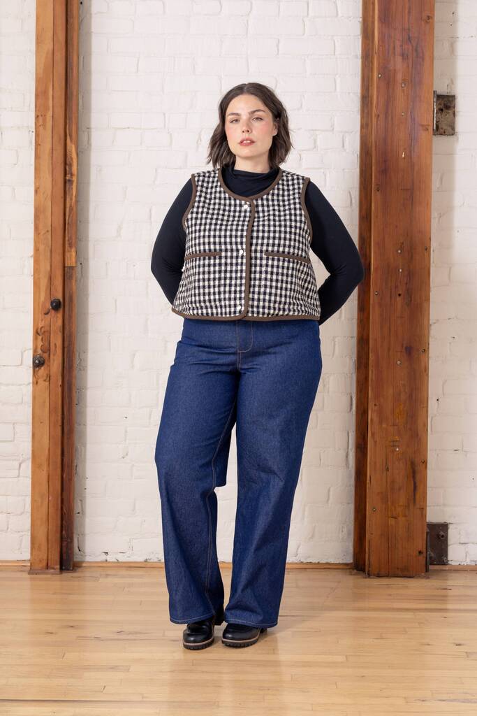 Moss vest on Morgan, front view
