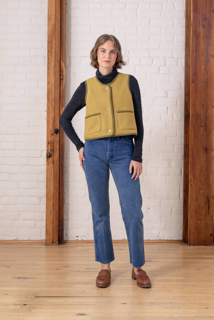 Moss vest on Eden, front view
