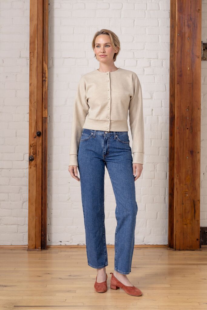 Opal cardigan on Dani, front view