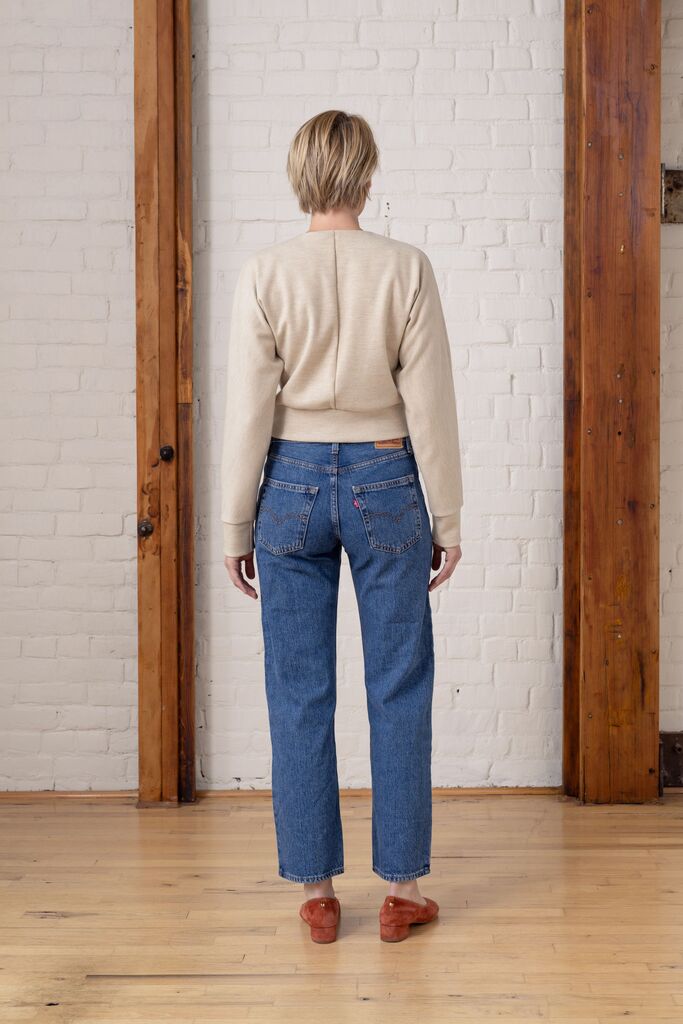 Opal cardigan on Dani, back view