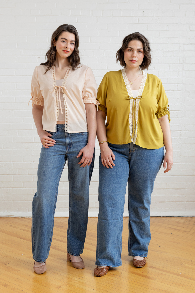 The Orchid Puff Sleeve Tie Front Top sewing pattern, from Seamwork