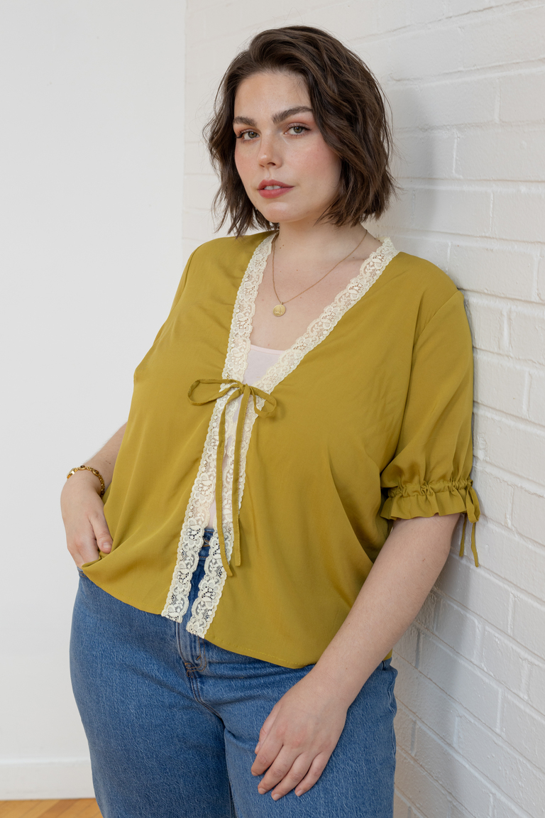 The Orchid Puff Sleeve Tie Front Top sewing pattern, from Seamwork