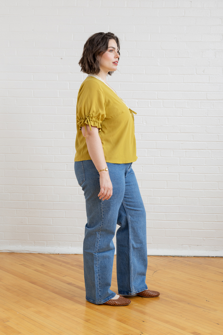 The Orchid Puff Sleeve Tie Front Top sewing pattern, from Seamwork