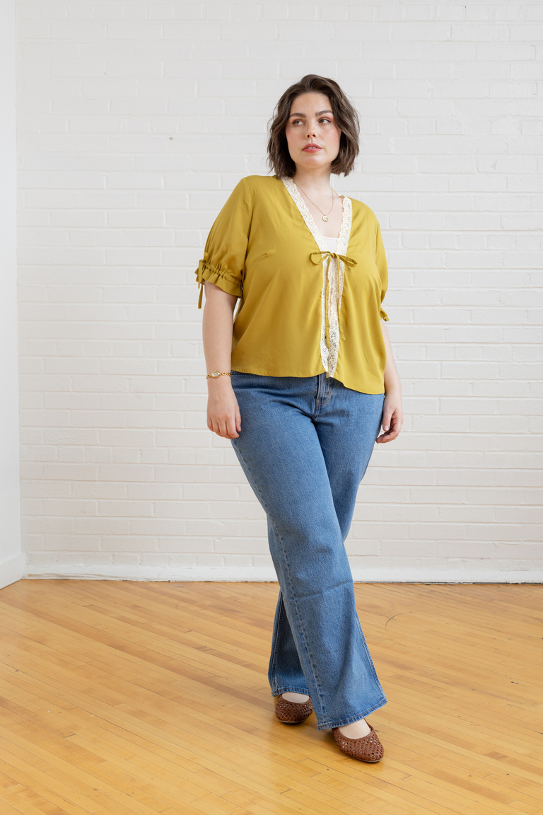 The Orchid Puff Sleeve Tie Front Top sewing pattern, from Seamwork