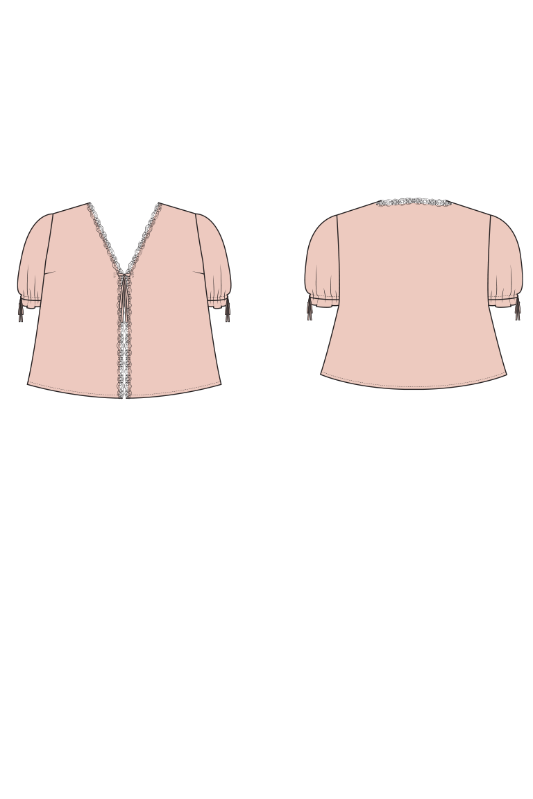 The Orchid Puff Sleeve Tie Front Top sewing pattern, from Seamwork
